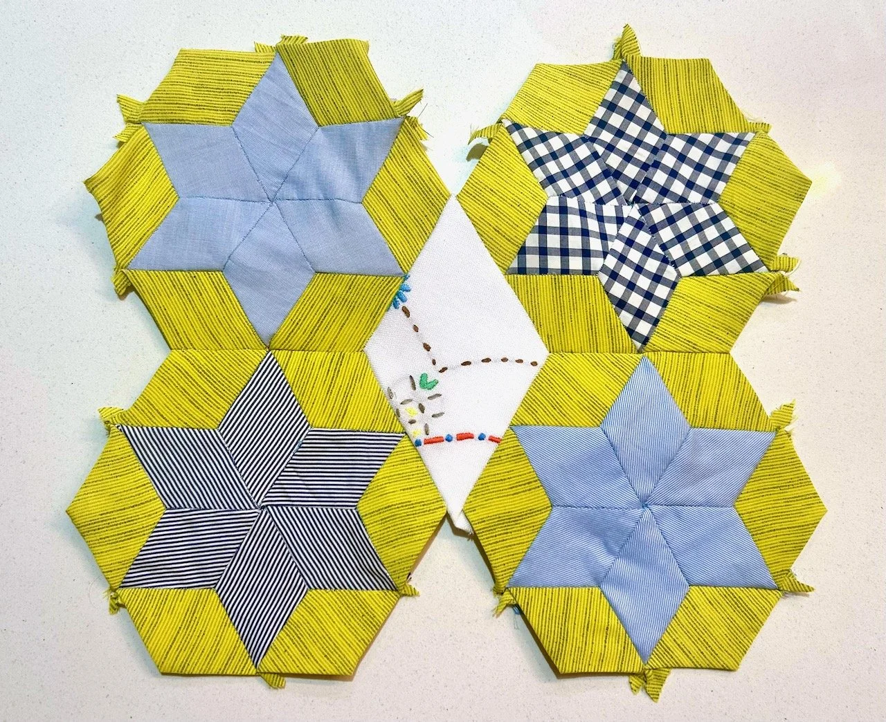 The 'tablecloth' diamond is in the centre of the four blue and green blocks