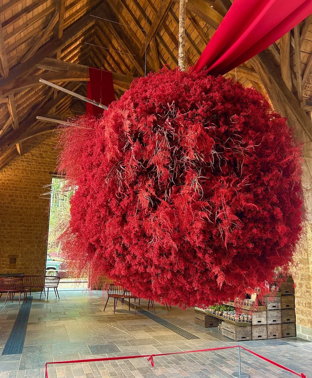 A large ball of red feathery plants suspended from the Barn's ceiling at The Newt in Somerset