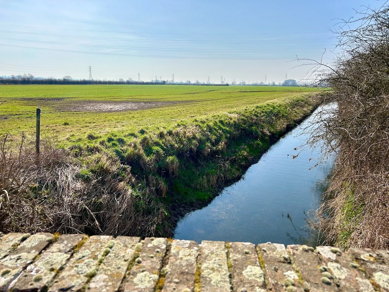 The view from the bridge in Moor Lane - with green fields (albeit with a bit of mud) on the left