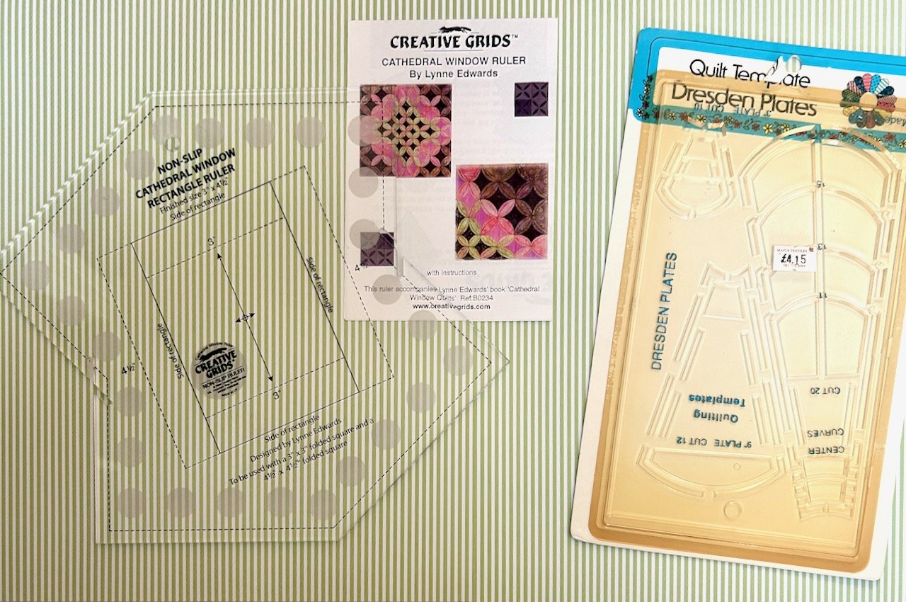 An acrylic Cathedral Window rule and a pack of Dresden Plates quilt templates