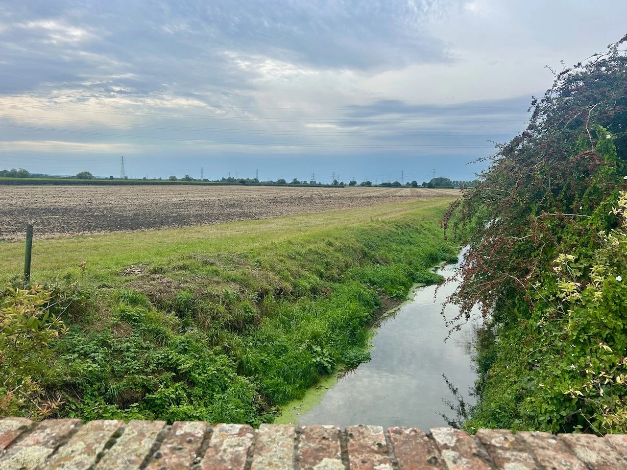 The view from the bridge, water straight ahead a field on the left
