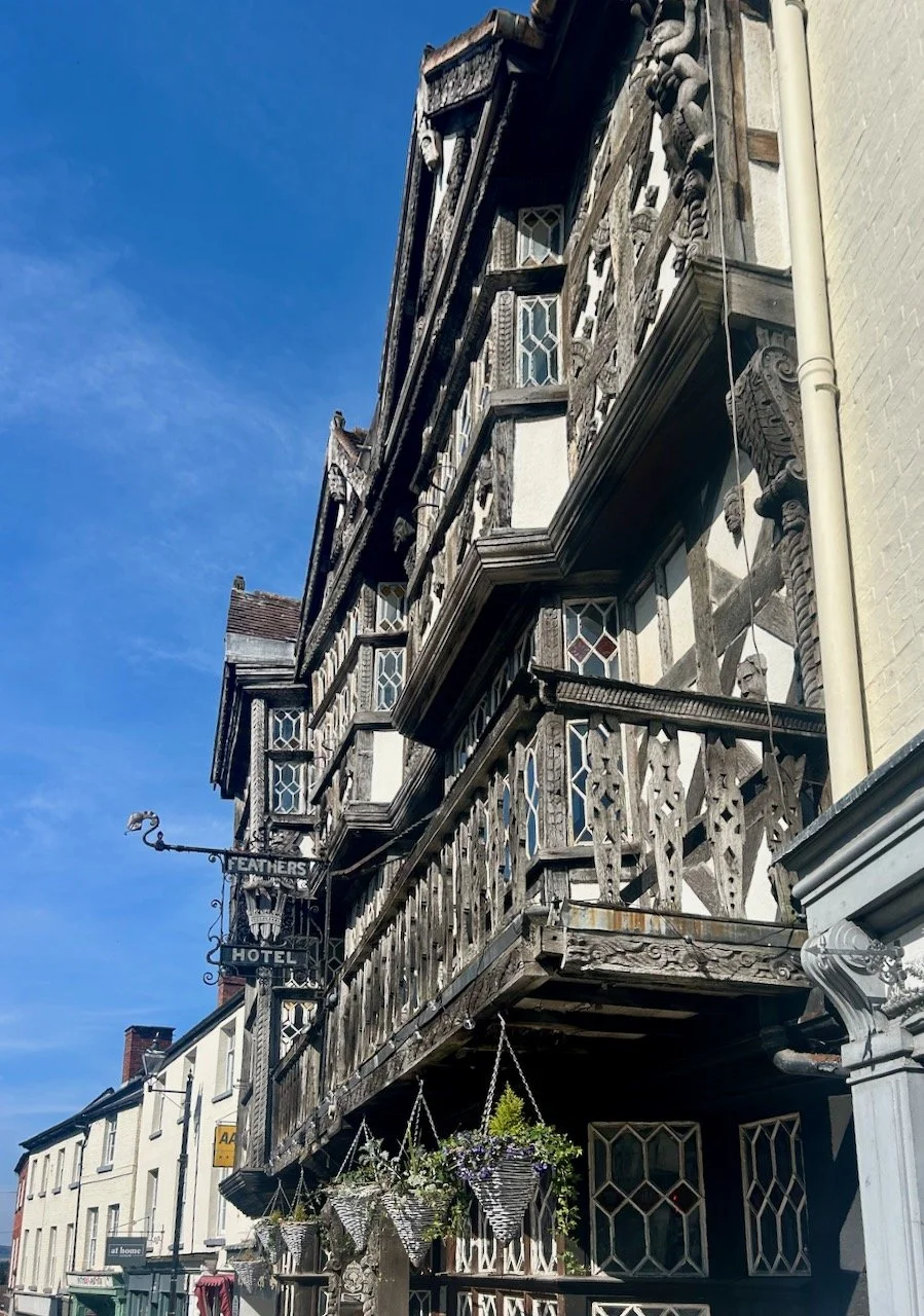 Looking up at the wooden carvings at The Feathers in Ludlow