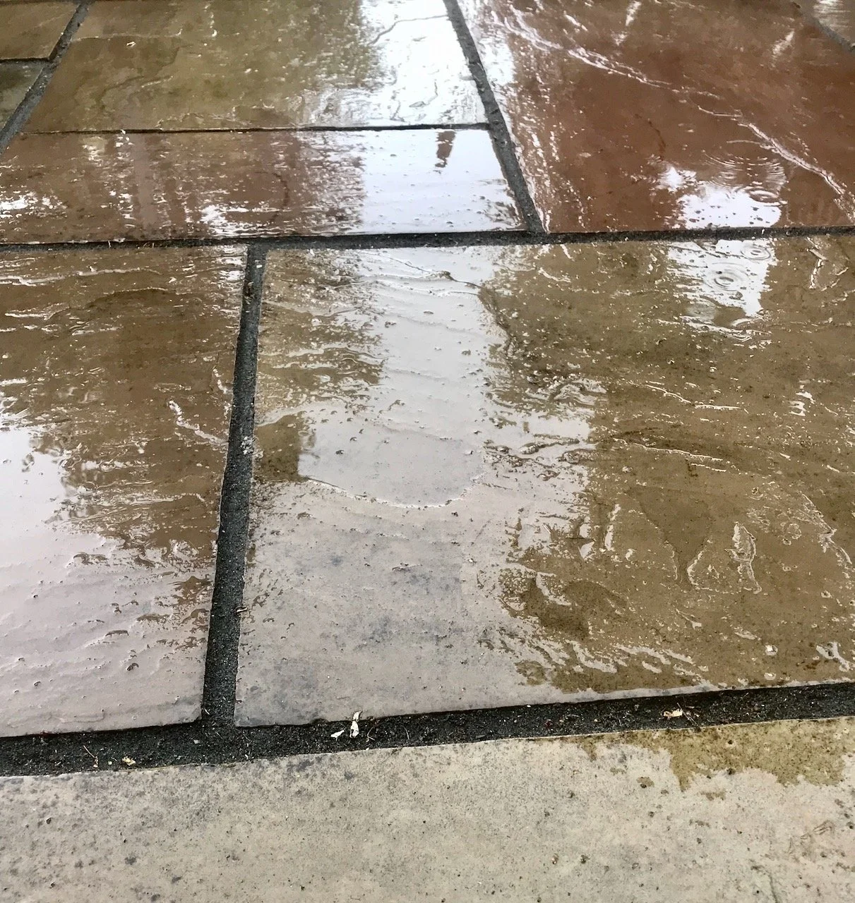 rain on the patio wetting the slabs and showing off their colour