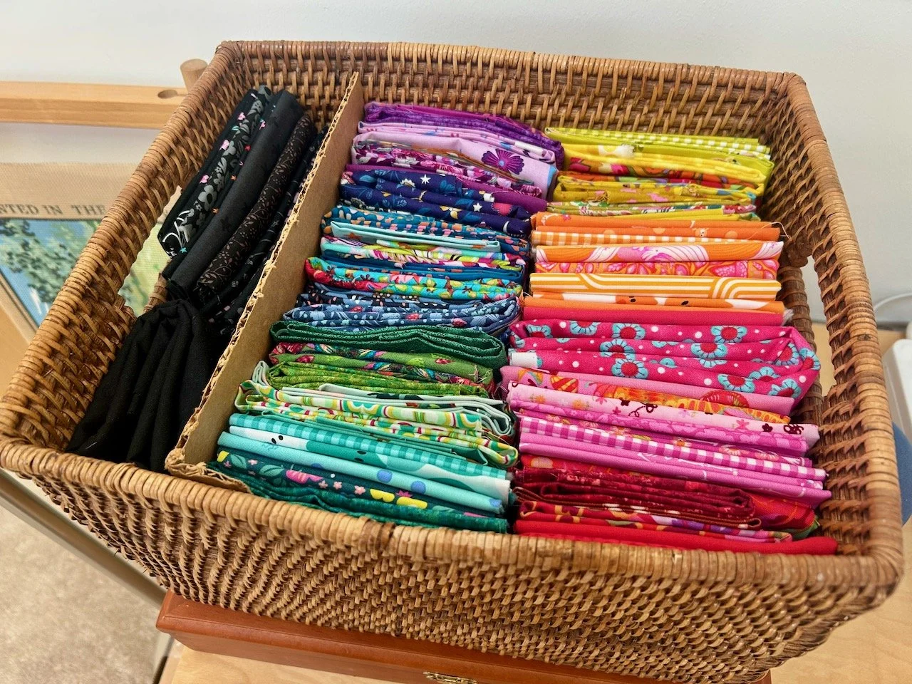 The bright and dark fabrics I've pulled together for my version of this quilt