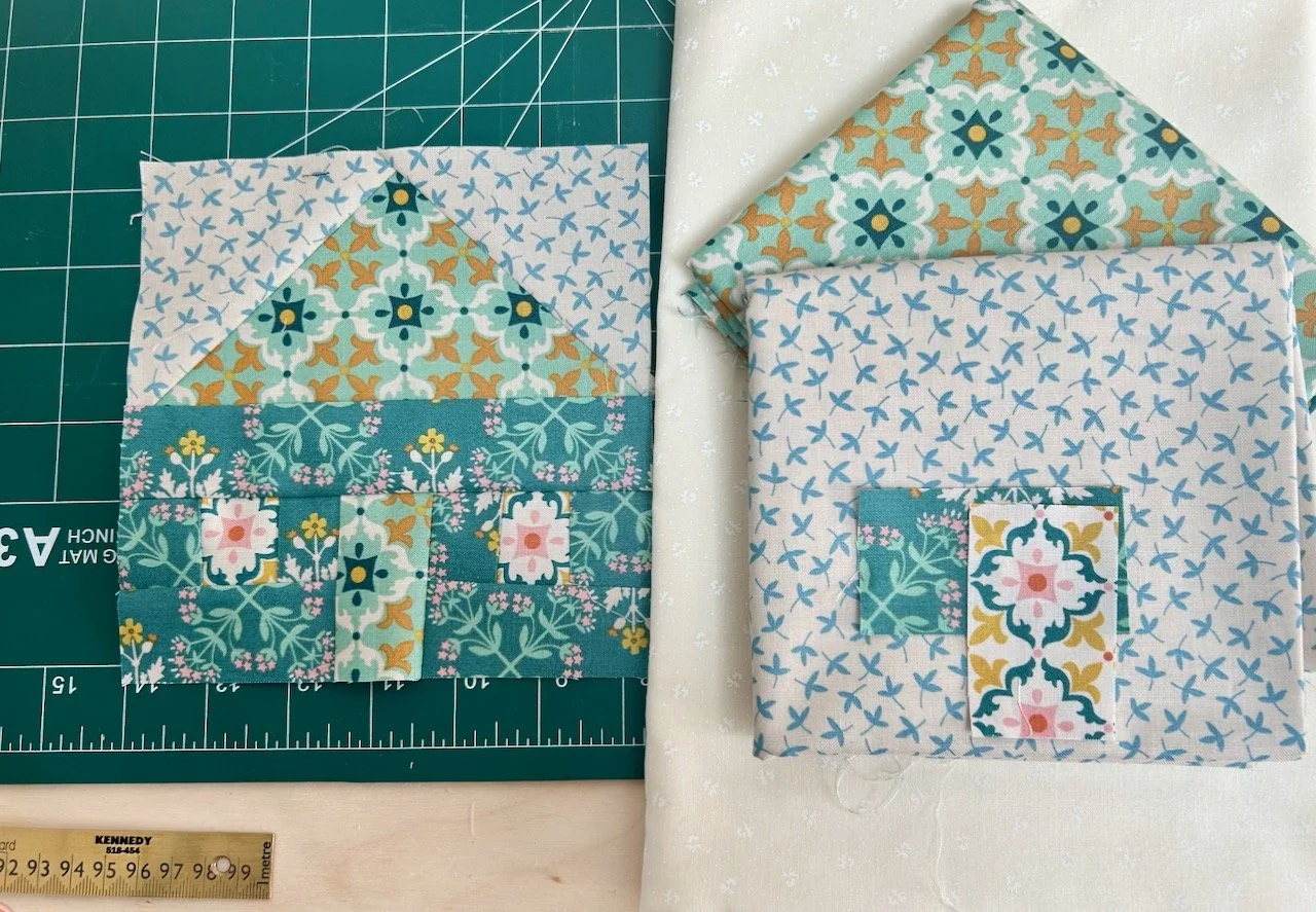 The sewn block using the fabrics laid out, and an alternative layout of fabrics