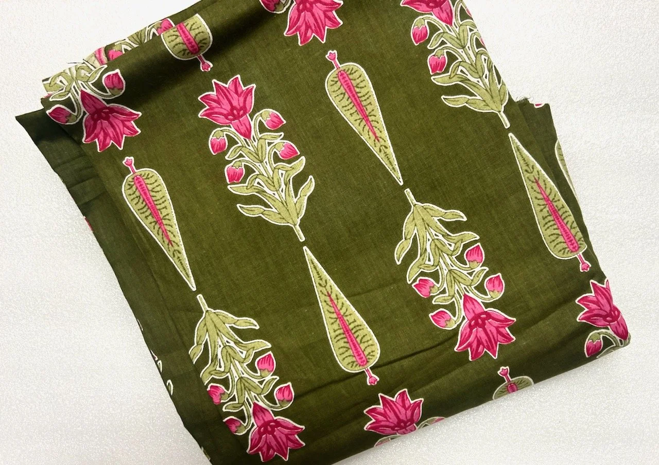 Dark green and pink indian block printed cotton - I'm smitten