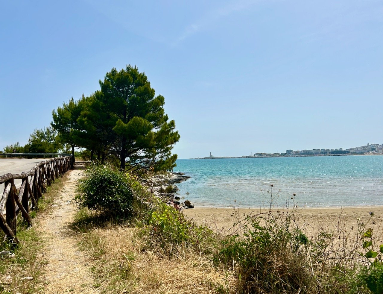 The path is to the left of the wooden balustrades, with the beach now on our right