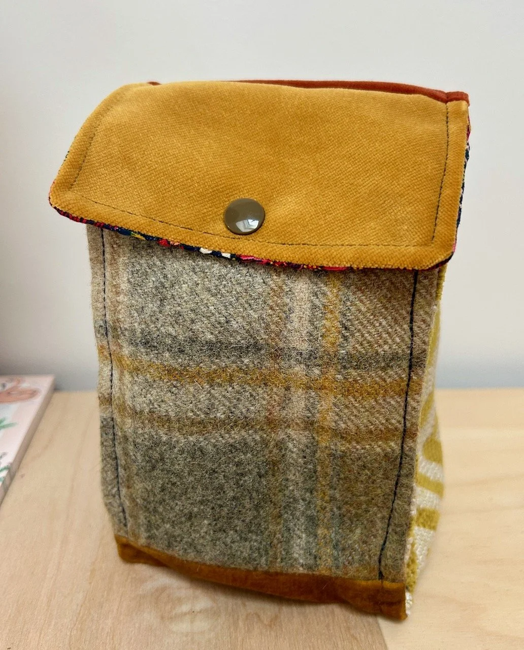 the completed pouch - with mustard velvet on the top and toning tweed on the front - complete with a brown popper