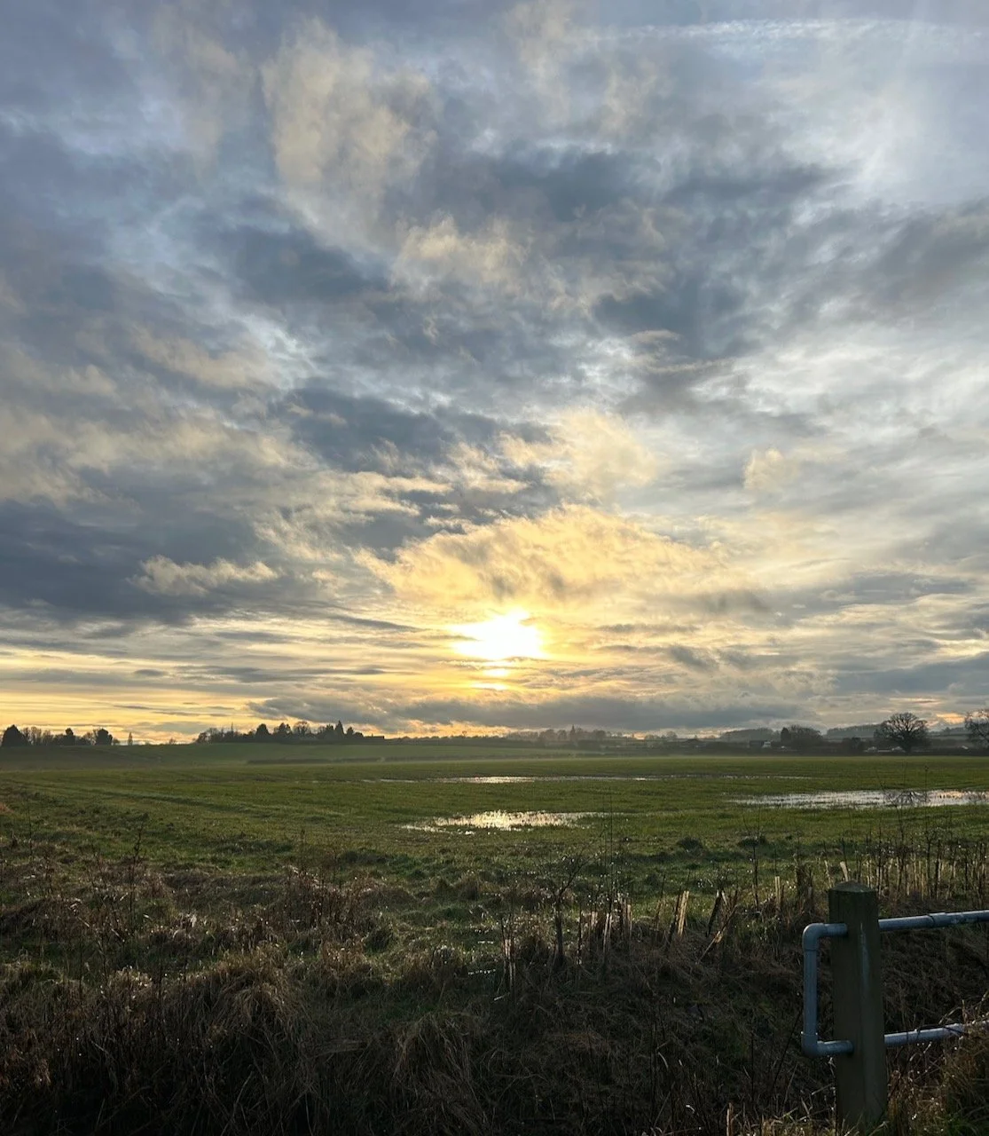 A cloudy sunset over a sodden field in Moor Lane