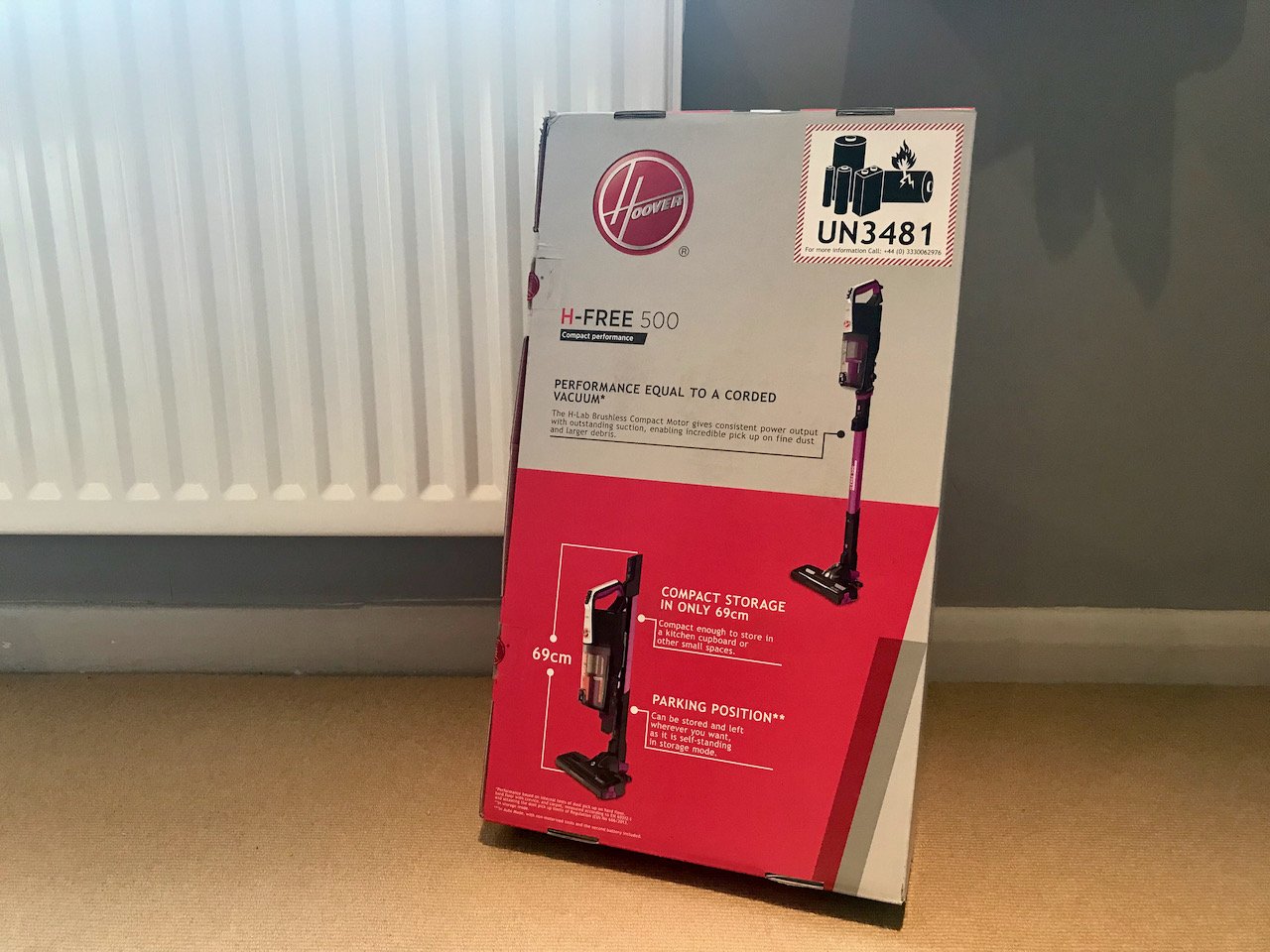 The H-Free 500 in the box it arrived in leaning against a radiator – the height of the box is just over halfway up the height of the radiator.