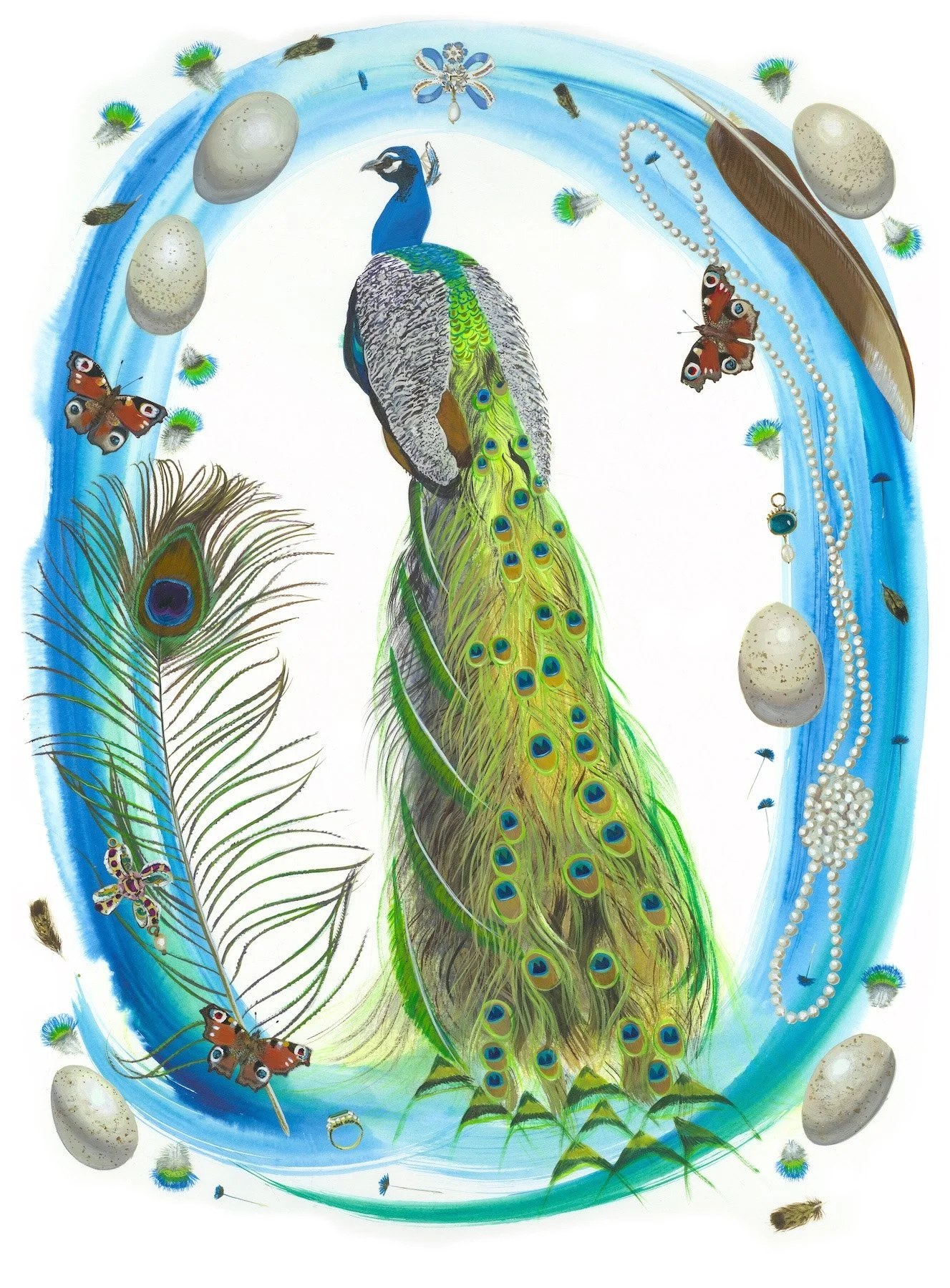   Indian Peafowl (Pavo cristatus) , 2026 Acrylic ink on paper, 30 × 22 inches (76 x 56cm) Project:  Birds of Shakespeare    