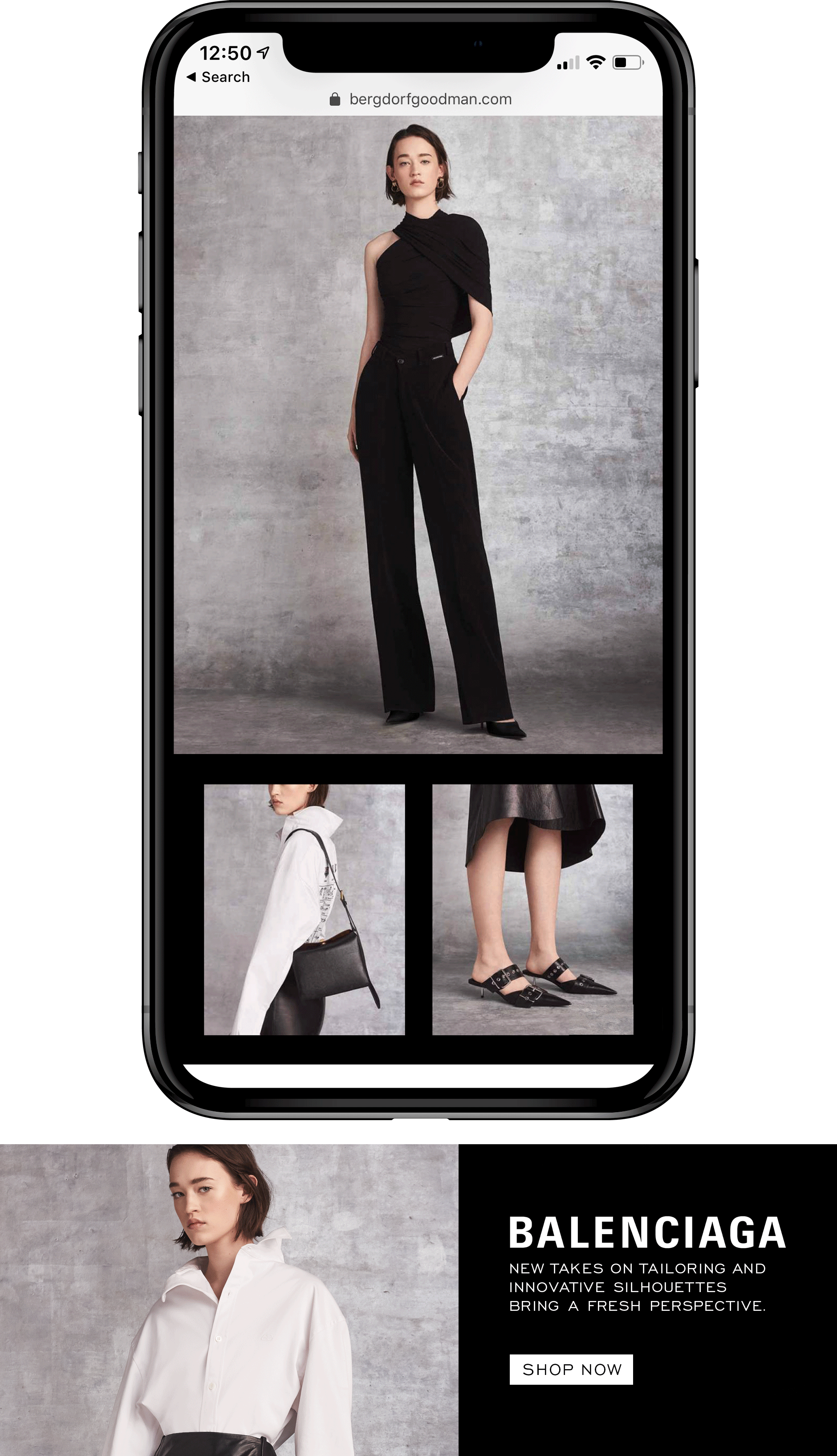 Balenciaga Spring ‘19 Collection Mobile iteration of Digital Lookbook and .com Graphic Header. Design and On-Set Art Direction. Photographer Jai Odell, Fashion Stylist Nancy Goold.