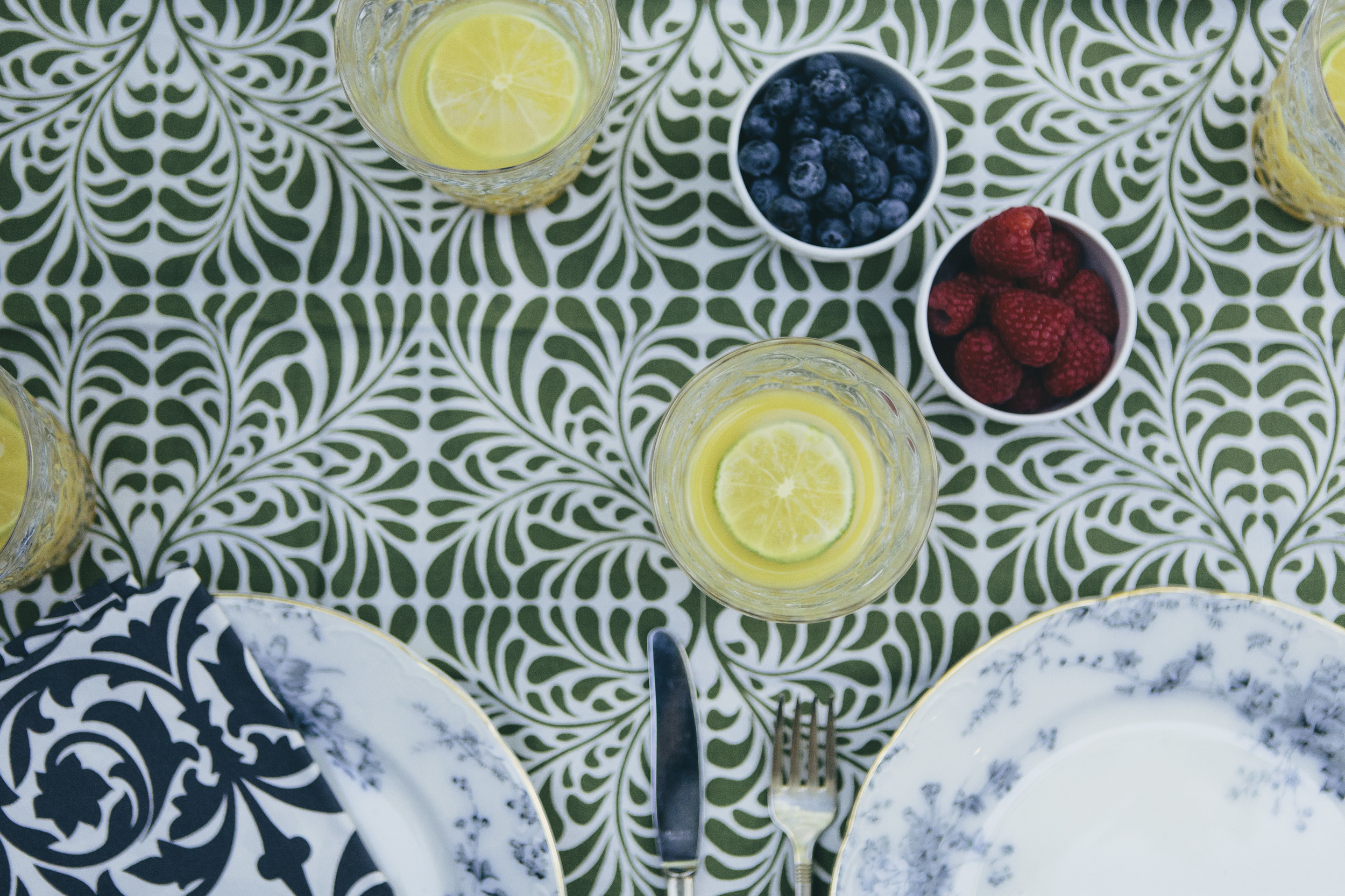 green and white cotton tablecloth for the breakfast table