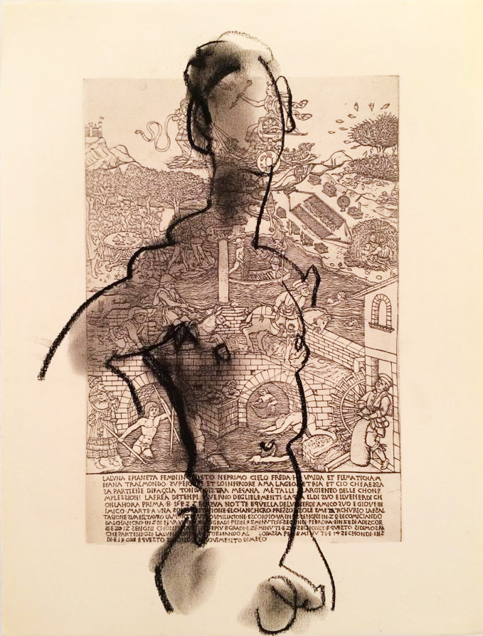 Pitt charcoal on vintage reproduction etching.