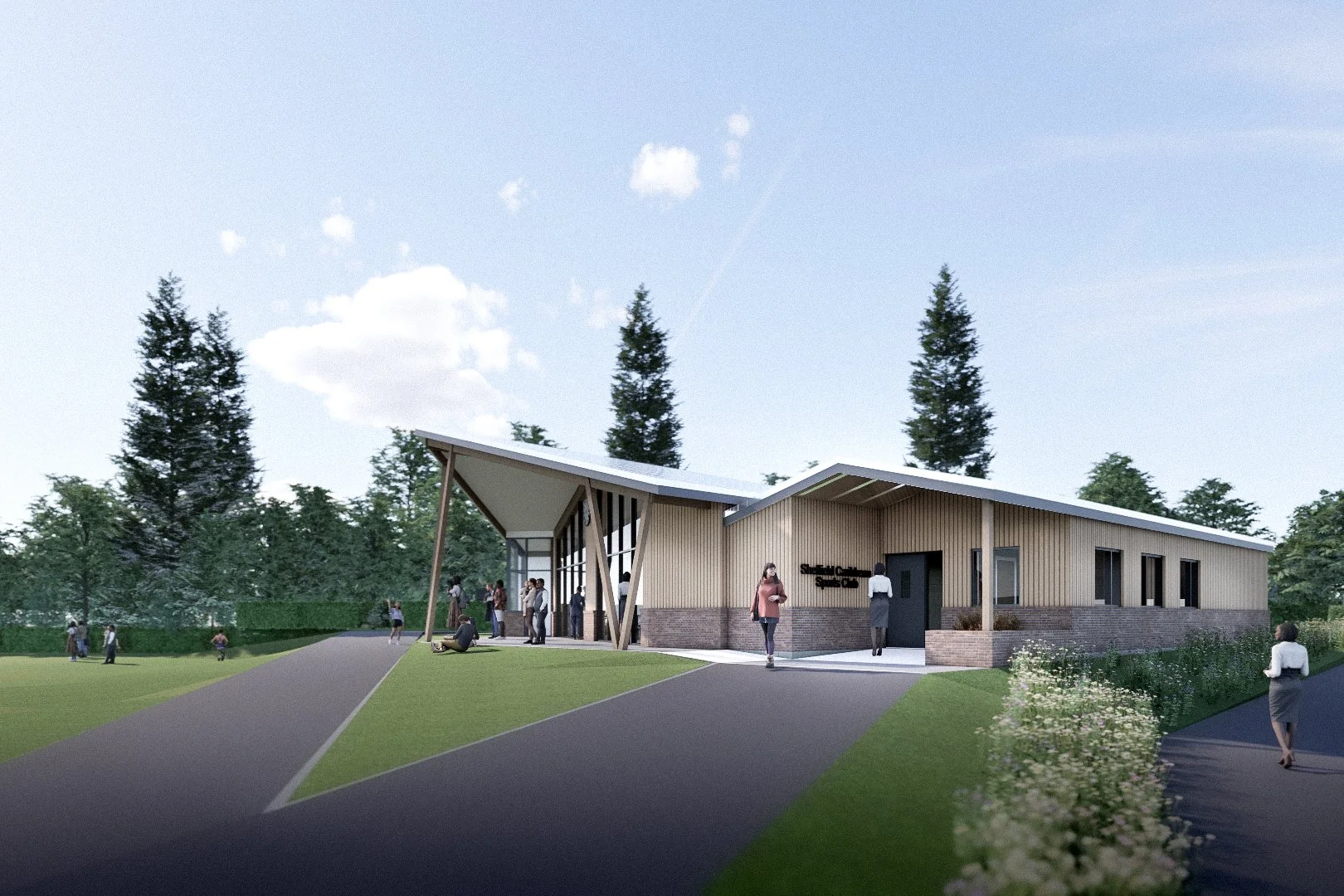 Rendered view of clubhouse from site entrance 