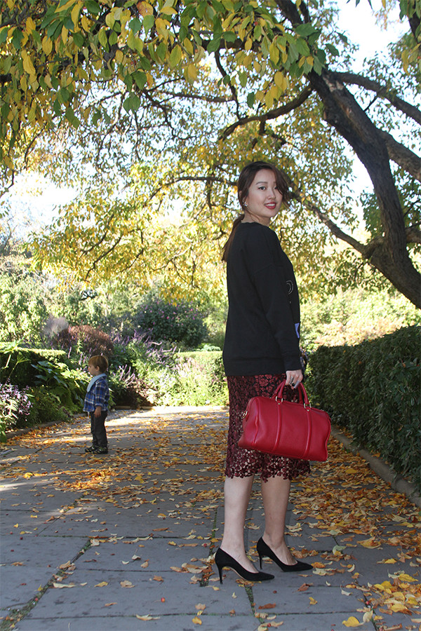 Moon-Star Embellished Cotton Sweatshirt with Lace Midi Skirt, Pointy Pumps, and Red Satchel, junelemongirl, street style,garden style, fashion blogger, fashion blog, nyc, street fashion, June Lemon Girl, conservatory garden, central park