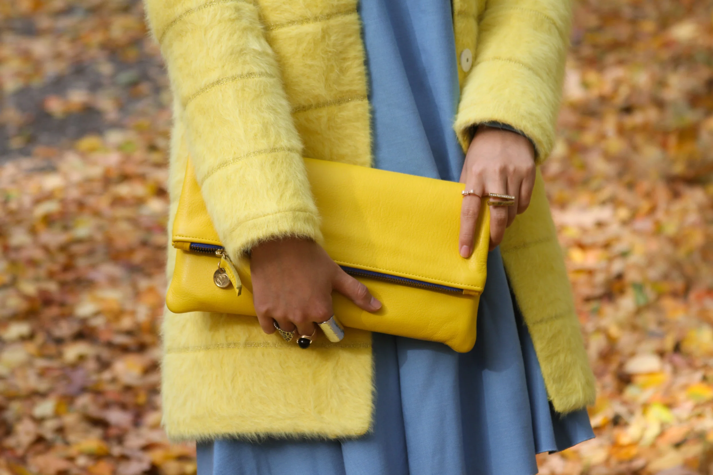 junelemongirl, june lemon girl, fashion blogger, nyc blogger, bear mountain, fashion, street style, autumn style, bear mountain foliage, autumn leaves, foliage, yellow coat, blue dress, sheer tights, suede ankle boots, yellow clutch, neon color coat, new york blogger, blue flared dress, autumn dress, knuckle rings, statement rings, black stud rings, bar rings