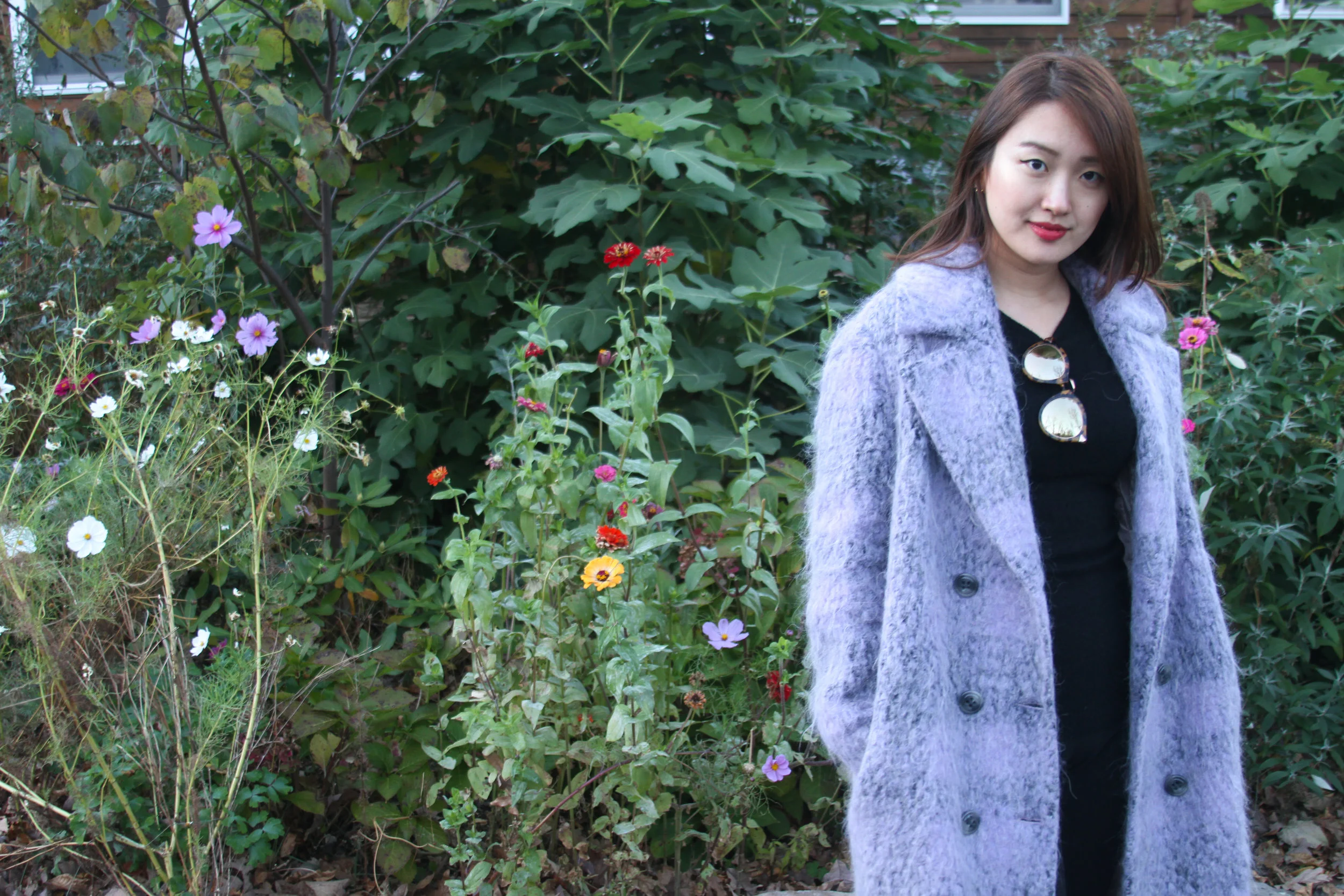 fashion blogger, winter fashion autumn fashion, winter street fashion, autumn street fashion, Violet Wool and Mohair Blend Coat, Styled with Black Fitted Sweater, Black Wool Cropped Pants, and Black Chunky Ankle Boots, junelemongirl, june lemon girl, nyc blogger, ootd, violet coat, purple coat