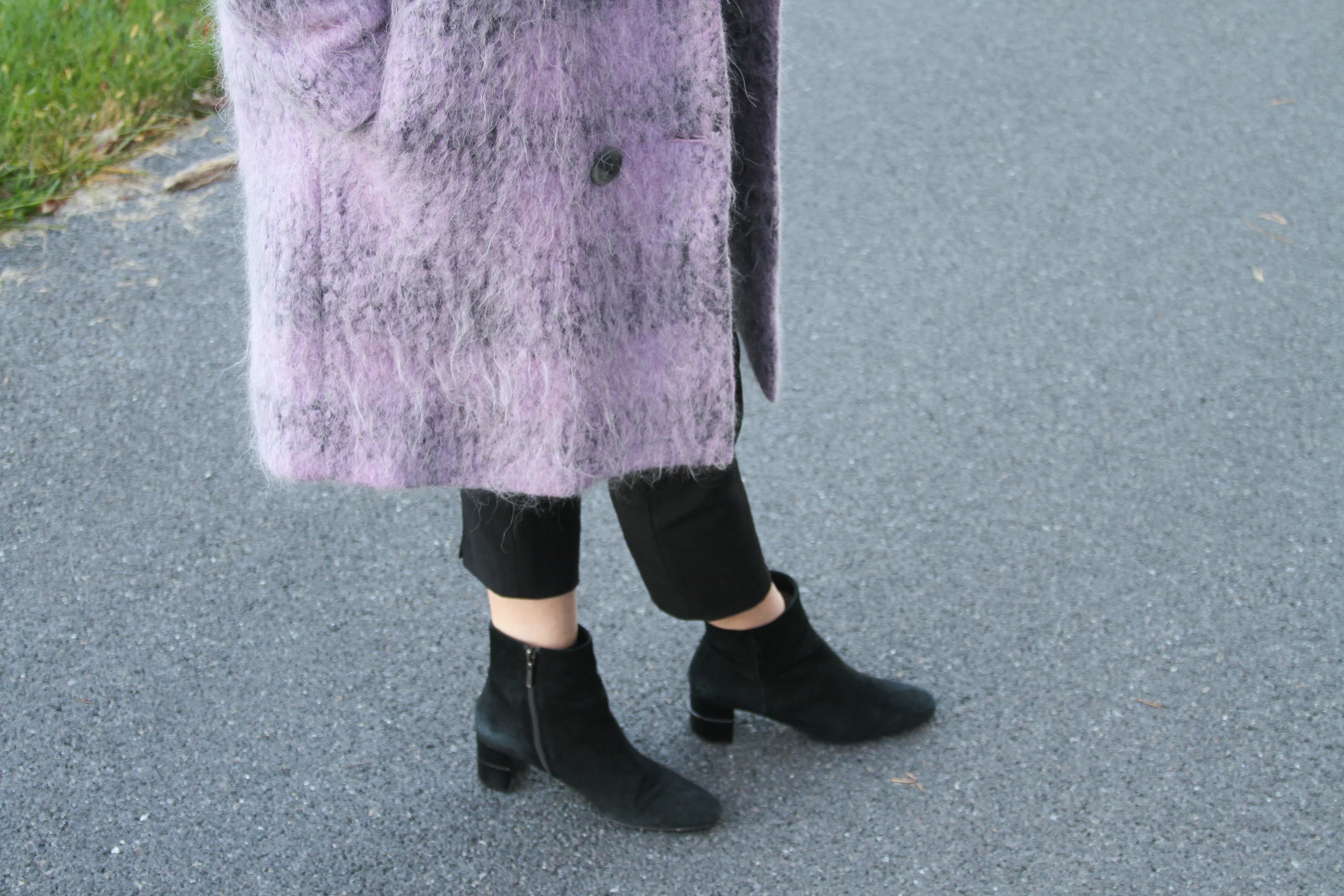 fashion blogger, winter fashion autumn fashion, winter street fashion, autumn street fashion, Violet Wool and Mohair Blend Coat, Styled with Black Fitted Sweater, Black Wool Cropped Pants, and Black Chunky Ankle Boots, junelemongirl, june lemon girl, nyc blogger, ootd, violet coat, purple coat