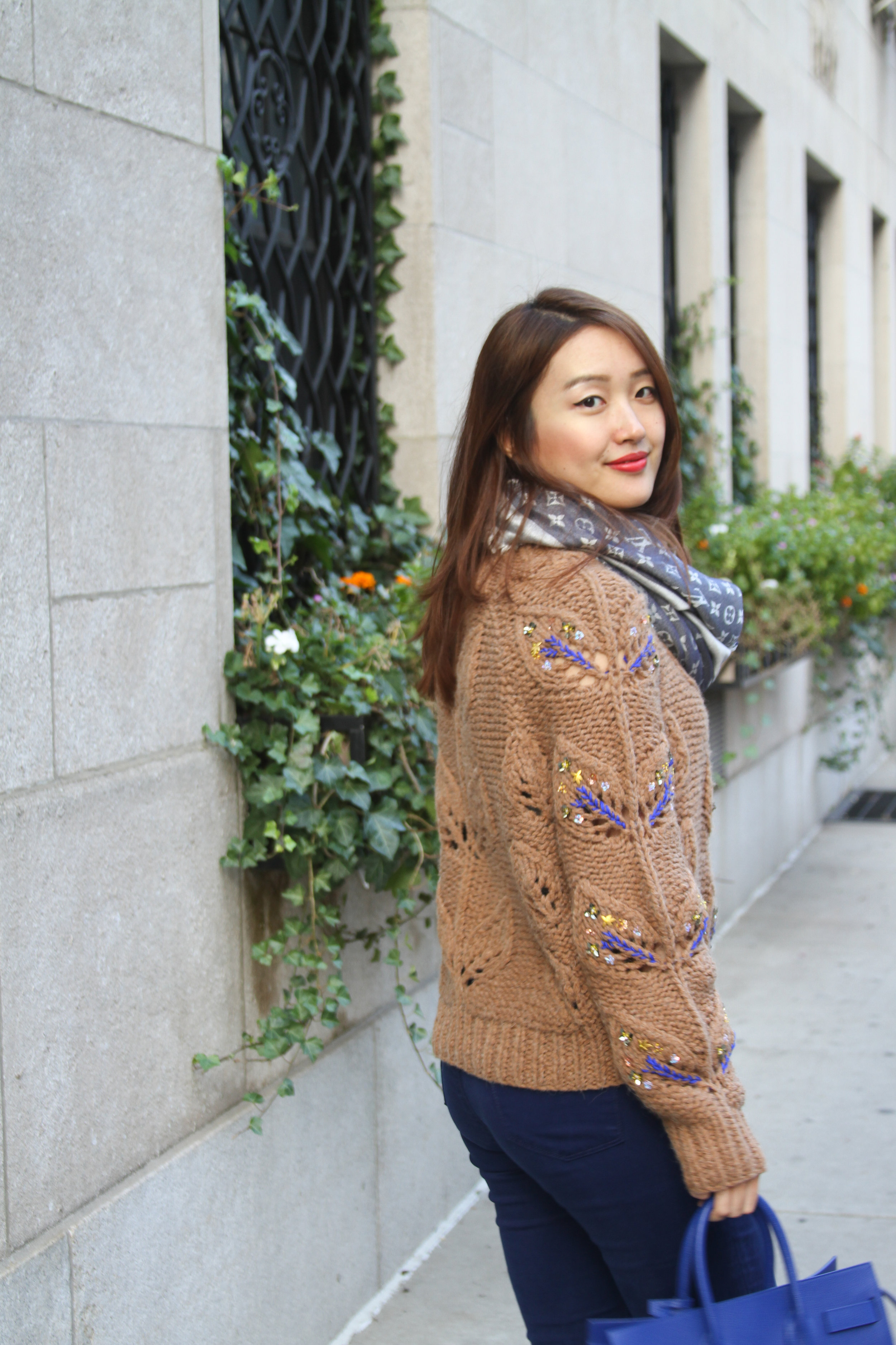 junelemongirl, june lemon girl, fashion blogger, new york fashion blogger, nyc street, street style, street fashion, autumn fashion, autumn 2016, winter 2016, cable sweater, embroidered sweater, coffee sweater, brown sweater, autumn palette, soft autumn, blueberry jeans, blue satchel, saint laurent, sac de jour, j brand jeans, jimmy choo, platform ankle boots, brown boots, lv monogram shawl, blue denim