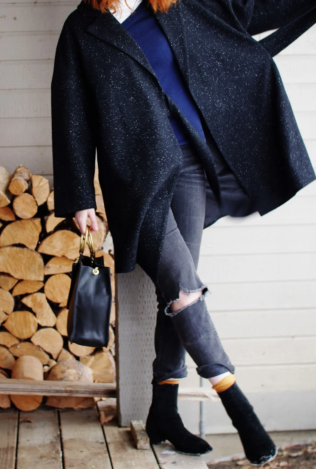 runway unicorn, runwayunicorn, delune, clairegeist, new york fashion, new york fashion magazine, boucle coat, wool coat, wrap coat, black coat, collaboration, deluneblog, junelemongirl, new york fashion blogger, street fashion, street style, distressed jeans, black suede boots, red hair, black bag, gold medal bag