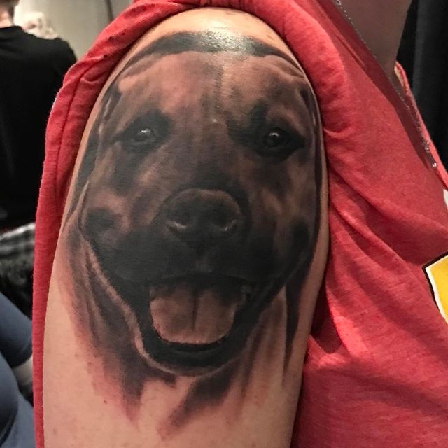 Done in Detroit at #motorcitytattooexpo #littlejohnstattoo #nctattooers #pitbull