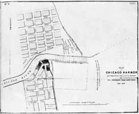 Map of Chicago, 1839 Engineering plans for straightening the harbor. Courtesy of Chicago Public Library