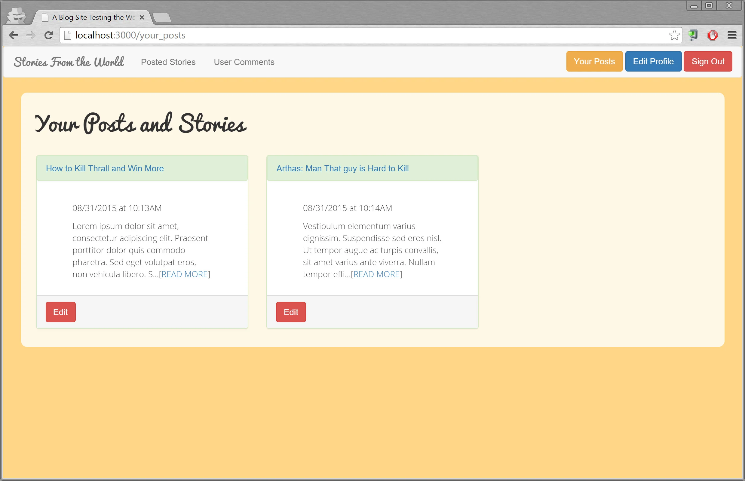  Stories of the World | Blog with database/login/activeAdmin  View of user's post (when logged-in) 