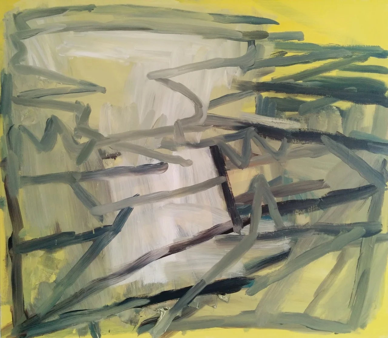 Re-working an old painting is not always a good idea. Sometimes things are best left and accepted for what they are. But some paintings seem to remain (or return to being) present and it seems OK to go back to them even after a few years. This painting was part of a series of work I made around 2011 and 2012 looking at the marks made while drawing light on the sea. There is a large version of this which now feels a little cluttered and half-hearted; I have been looking at it for a while trying to find a way back into it, questioning whether I should even try. In the meantime over the last two years I have made several versions on paper. Still undecided I re-worked this smaller (70x80cm) version applying the things I didn’t know I’d learnt in the subsequent 5 years. Maybe now time for the big painting…
