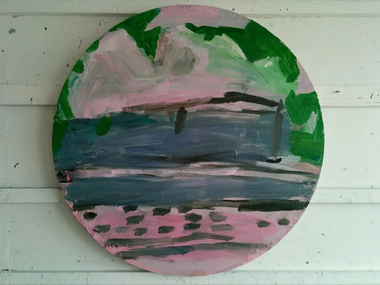 Update on the current painting: After days of consideration I began to feel I was dodging the reason I had started the painting in the first place. It had become just too ‘paint’ and it felt like I need to let in a bit more of the outside. I mixed a thick pale pink and splodged it (it wasn’t ‘brushed’, it was much cruder than that) across the centre and started drawing back into the wet paint. Gradually all those bits that looked OK, and that I was tempted to keep, were forgotten and the whole surface became active again. It was then my usual to and fro between drawn mark and obliterating paint. Introducing the 2 grey bands across the centre seems so simple but it took me all this time to think laterally enough to do it. At the moment the painting is still sitting quite perkily on the studio wall, looking around, and feeling like it is some kind of achievement. Give it a few days…