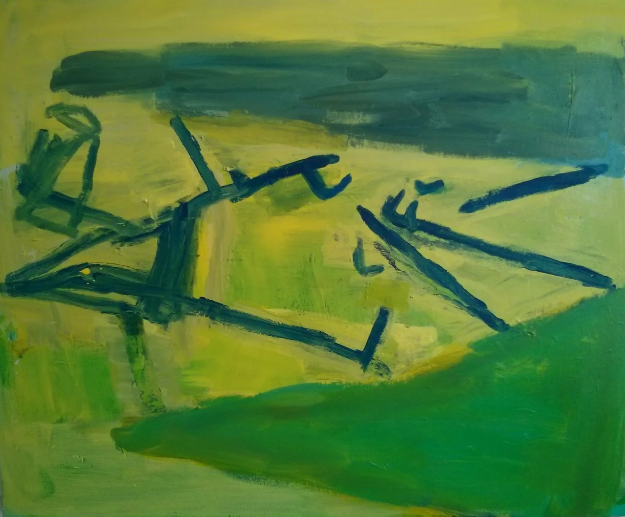 Most recent state of the painting I last posted about on 6th September. I think this may be it. The paint, something you don’t really get from a photo, has a presence about it and sits nicely up on the surface. The grey wedge and the green wedge (a late addition) seem to make sense of the drawn lines. And I even like the slight awkward tension of the relationship between the blue lines and the green… Back in the studio on Monday to see if it still looks the same.