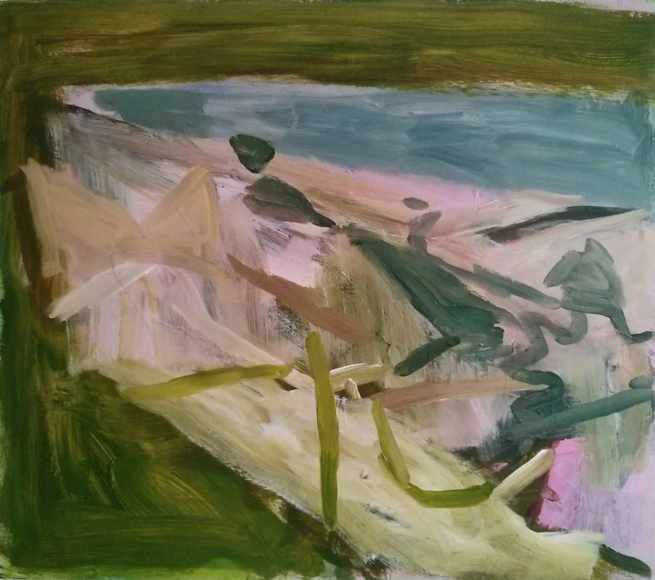 This is a small painting I have been attacking on and off for a while. I have been drawing the long scrubby slope down to the beach and the grey wedge of North Sea. When I decide it is a day to work on this painting I make 3 or 4 drawings first thing and then proceed from them. The canvas arrived at this state earlier this week and I think I still like what is happening…