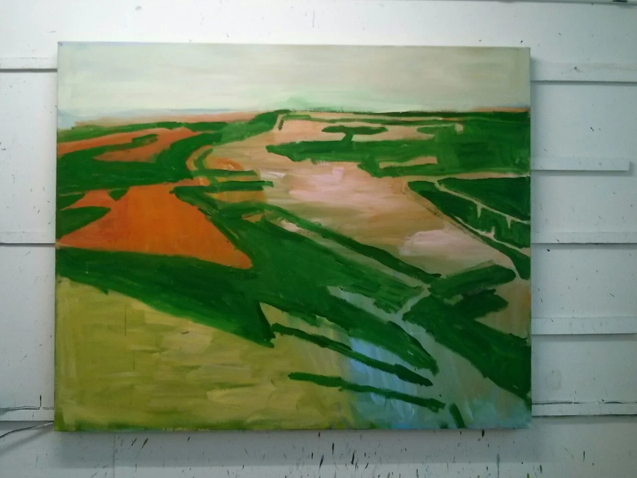 I’ve repainted the left hand side and fiddle around with the horizon but I think I’m liking how it looks at the moment. There is not much left to do, so if it’s not a complete painting I’ll have to do something drastic to it. I like the way the green drawing sits on top of the other colours and makes them read as a large receding plane. I’ll see what it looks like next week.