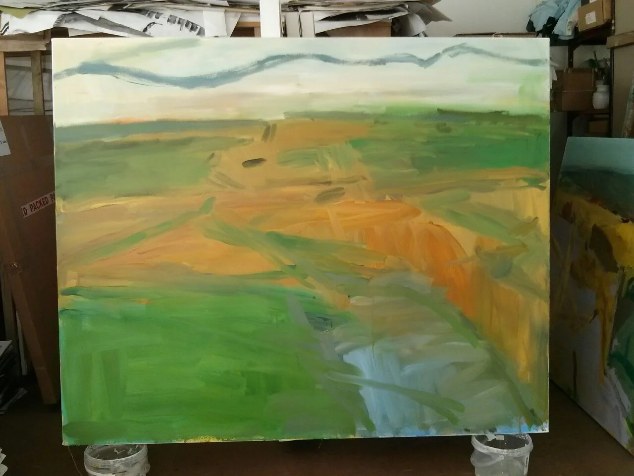 This is the new painting I’m working on. This is how things looked after day one. I’m hoping to do some more drawings outside later today but am having to wait in for a delivery of materials. Also still on the go are 10 30×30cm paintings which are coming together better and quicker than I’d imagined they would.