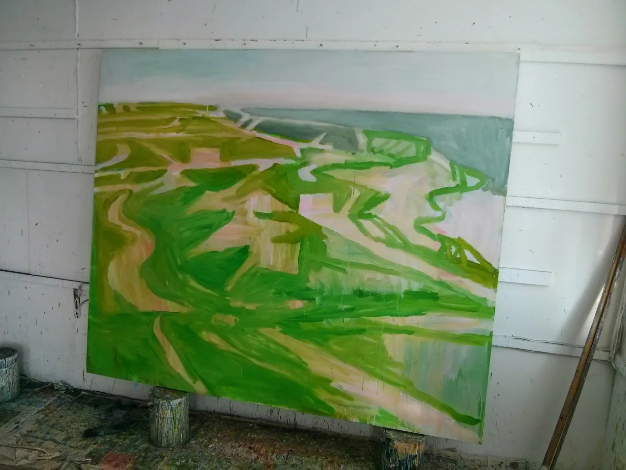 This is another painting that I have been reworking; It was started earlier this year but began to look a little stilted. I went back to some of the preparatory watercolours, made more watercolours and used these to rethink the painting. I have kept things more open this time and used two different greens…