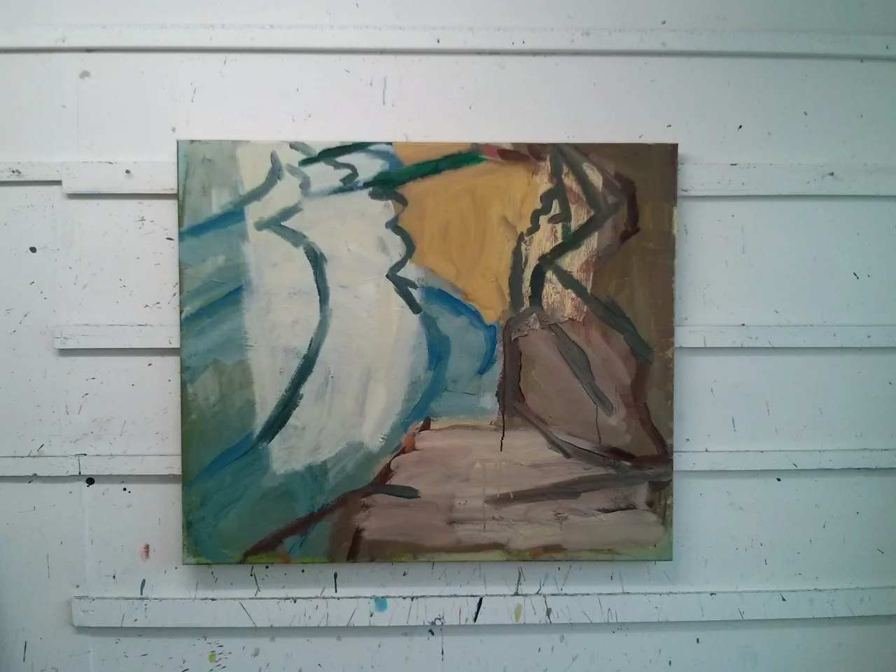 One of the paintings I have been working on this week. It seems to have reached a good place at the moment so will probably be left for a while. It is 85 x 100cm and I also have two slightly smaller canvases of the same subject on the go. I have been thinking this week of the Basil Beattie exhibition we saw recently at the Jerwood Gallery in Hastings… does it show?