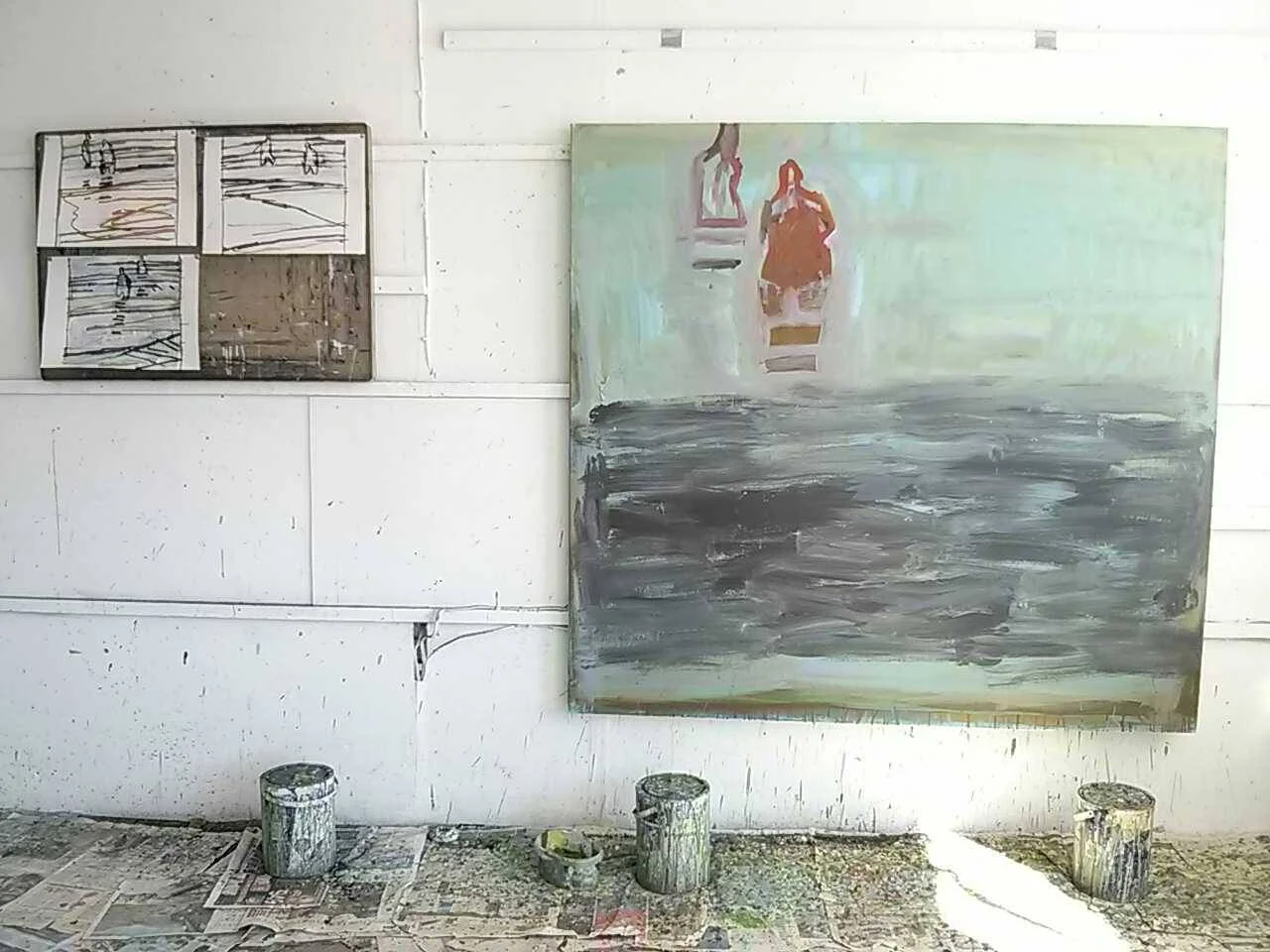 This is a repaint of the first of the new swimmer paintings. The painting had been propped against the wall for over a week and I was slowly starting to find fault with it, so eventually felt brave enough to take it further. The figure that was at top right remained until late in the day but eventually had to go. See post from 16th August.