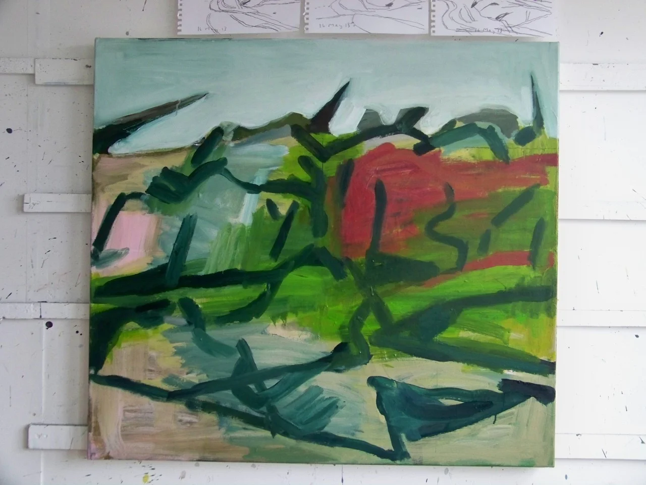 I have been working on this painting again. I was looking at another piece on paper of the same subject this morning and began to think that the canvas was looking a little too constructed and without the flow of the piece on paper. I’ll see how this looks tomorrow; I might have doubts about the pale sea at the top, it might be a bit ‘flat’.