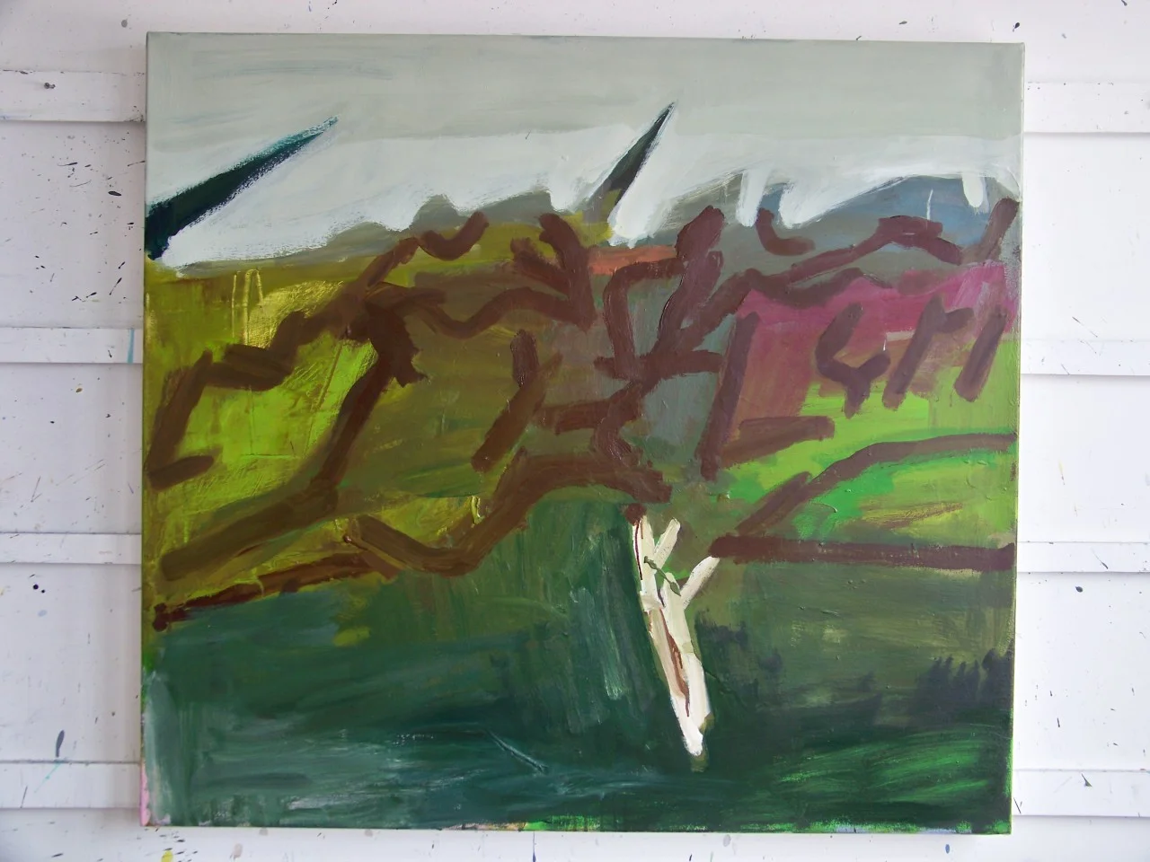 Latest state of the painting last posted on 10th April. I think I’m beginning to understand this painting a little now. I went out and made 4 more drawings for it yesterday and have been working on some drawings in the studio that are more diagrammatic. The join between the land and the sea might still be a problem and also the angles and positioning of the breakwaters.