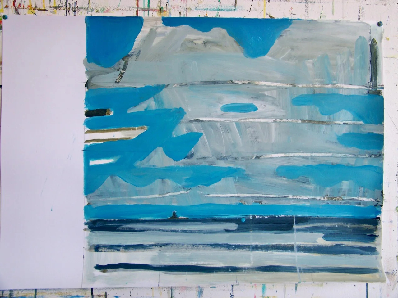 There has been a medium size canvas of clouds over the sea in the rack for a while now. It has been waiting for consideration (and inspiration). There were coloured marks in the clouds and a flat turquoise sky but it all seemed too easy, and a bit bright. A few days ago I came across a drawing of the same in charcoal and acrylic (there are 2 similar ones currently at Messums.com and click on my name in the drop down menu) and made this painting on paper. Today I made a start on the canvas…which is now looking interesting but a bit of a mess.