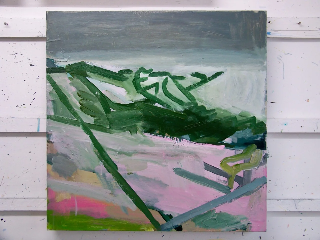 The latest state of the piece currently up on the painting wall. I’ve been investigating how to use dark greens, which can go very dead if they drag up a bit of white or pink from the underpainting. Hiding a little yellow in a dark mix seems to mitigate against this.