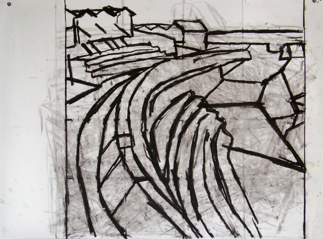I have been looking at some different places to draw from. This is a corner of the promenade with steps and huts where I have made a few drawings over recent weeks. This charcoal has been on the studio wall for a few days waiting to be used as the starting point of a new painting.