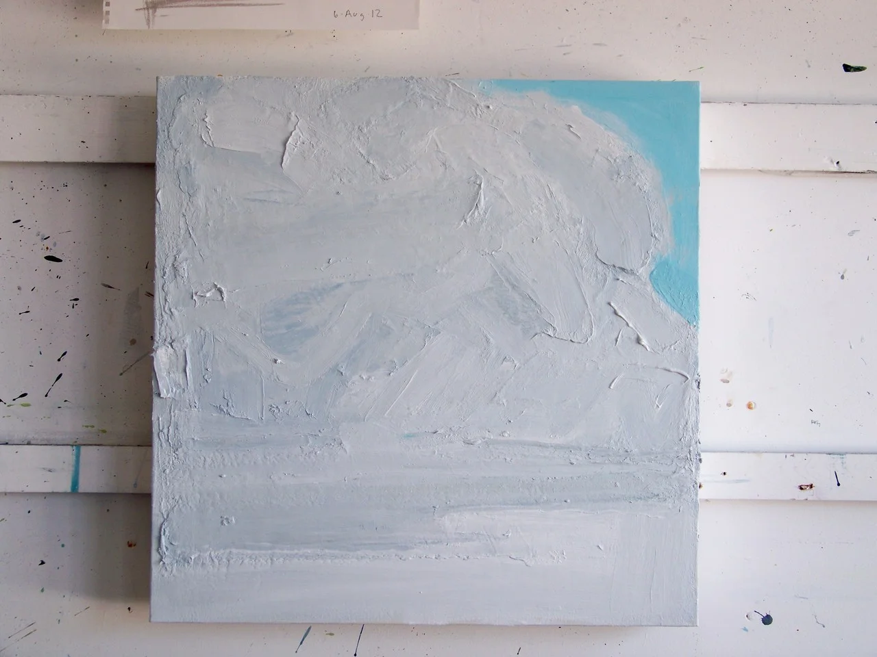 14th August 2012. I have been continuing to work on this painting all day. It seems to keep moving towards being all white and then it lacks definition so I put more grey into it and then it gradually moves back to white again. I think I’m looking for a moment of balance.