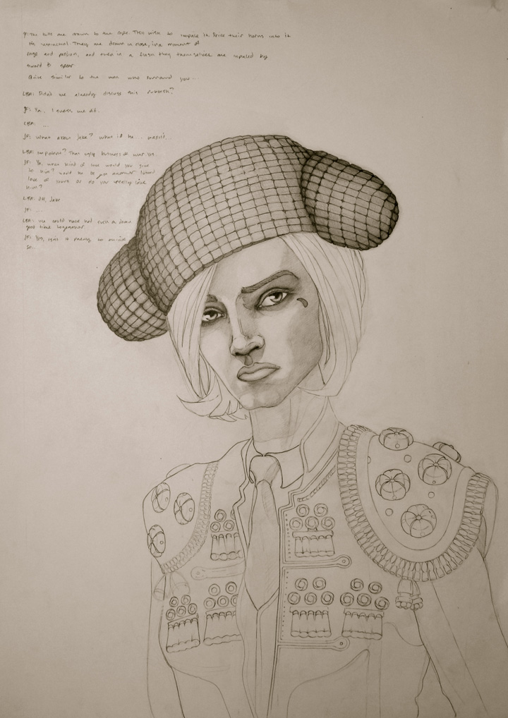 female matador from monterrey mexico. 19" x 24". original sketch, permanently installed in box frame. 
