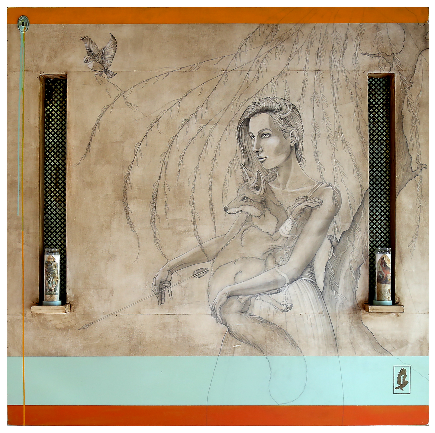 woman with wounded fox. 60" x 60". moses private collection