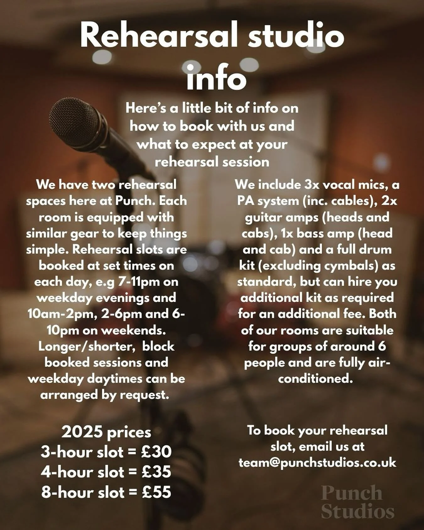 Here&rsquo;s some info for any bands or artists interested in booking some time in our rehearsal studio facilities here at @punchstudiosuk. To book - email us at team@punchstudios.co.uk
.
.
.

#recording #mixing #music #recordingstudio #engineering #