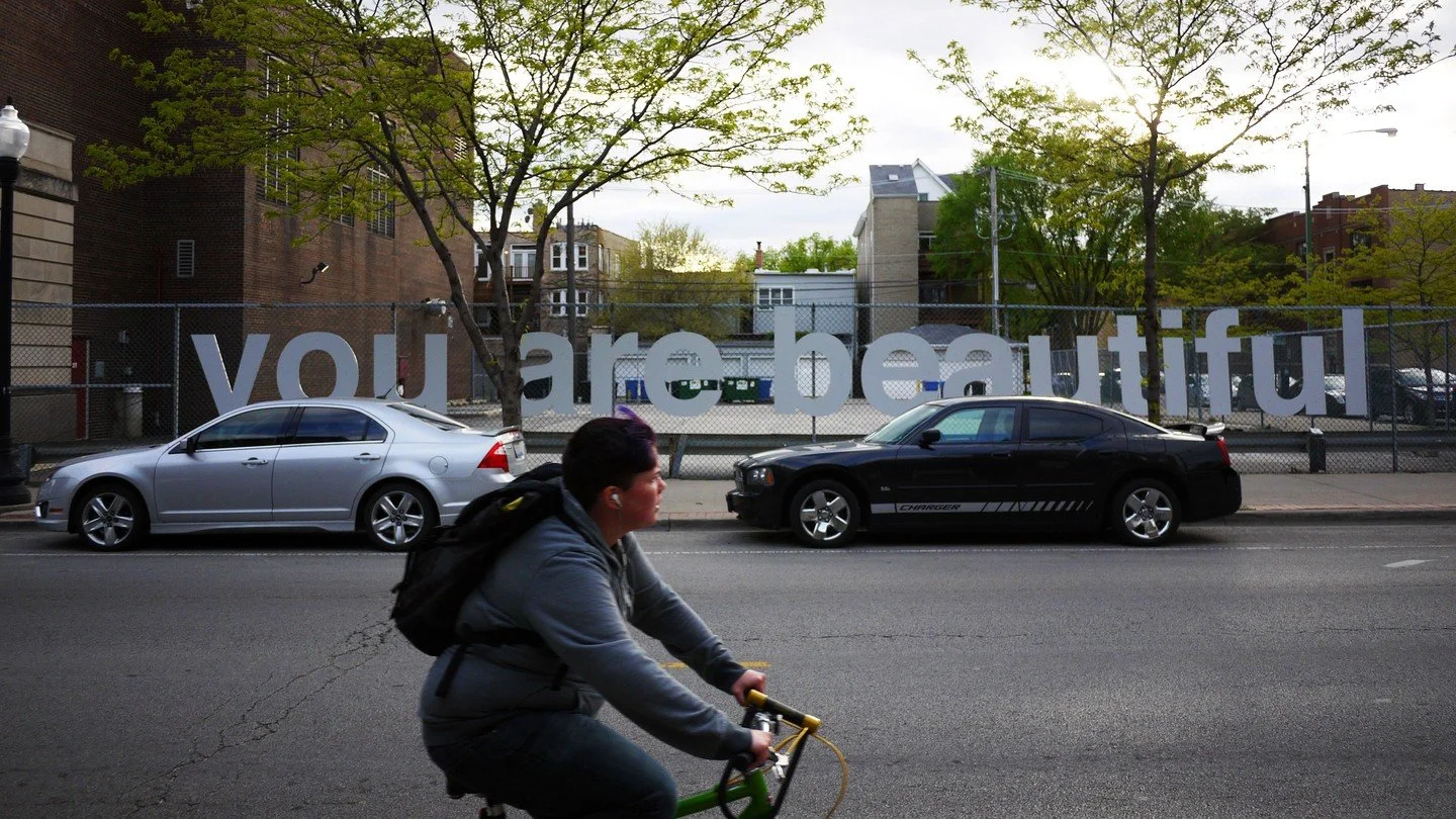 Installed in Andersonville in 2015, these were the first You Are Beautiful fence pieces.

Attaching the words directly to neighborhood fences brought the message into everyday public space. Sidewalks, bus stops, street corners. Places people pass eve