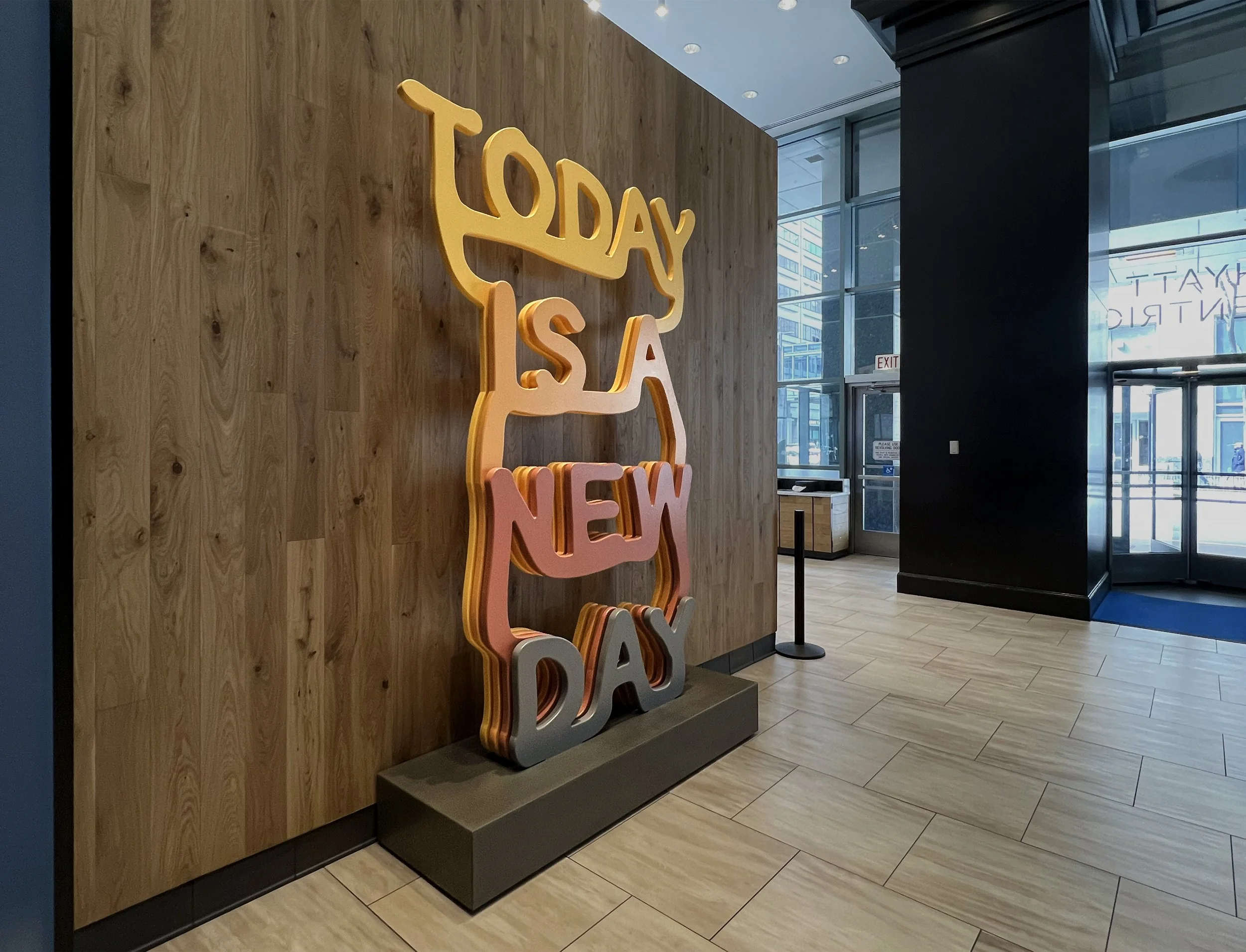 A two-story sculptural installation transforming the Hyatt Centric Chicago Magnificent Mile lobby into an immersive welcome experience.