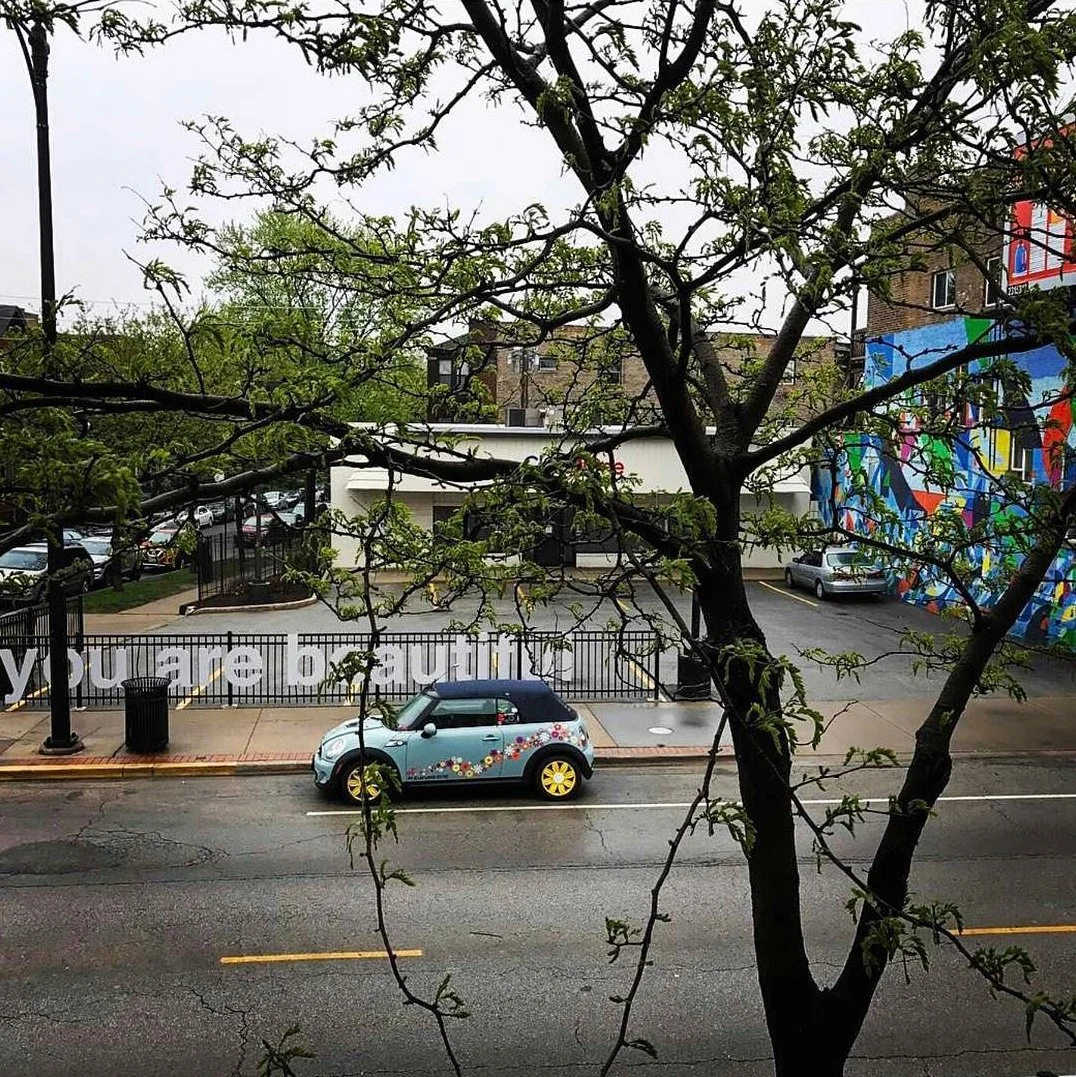 City shot with car and you are beautiful fence piece in andersonville chicago