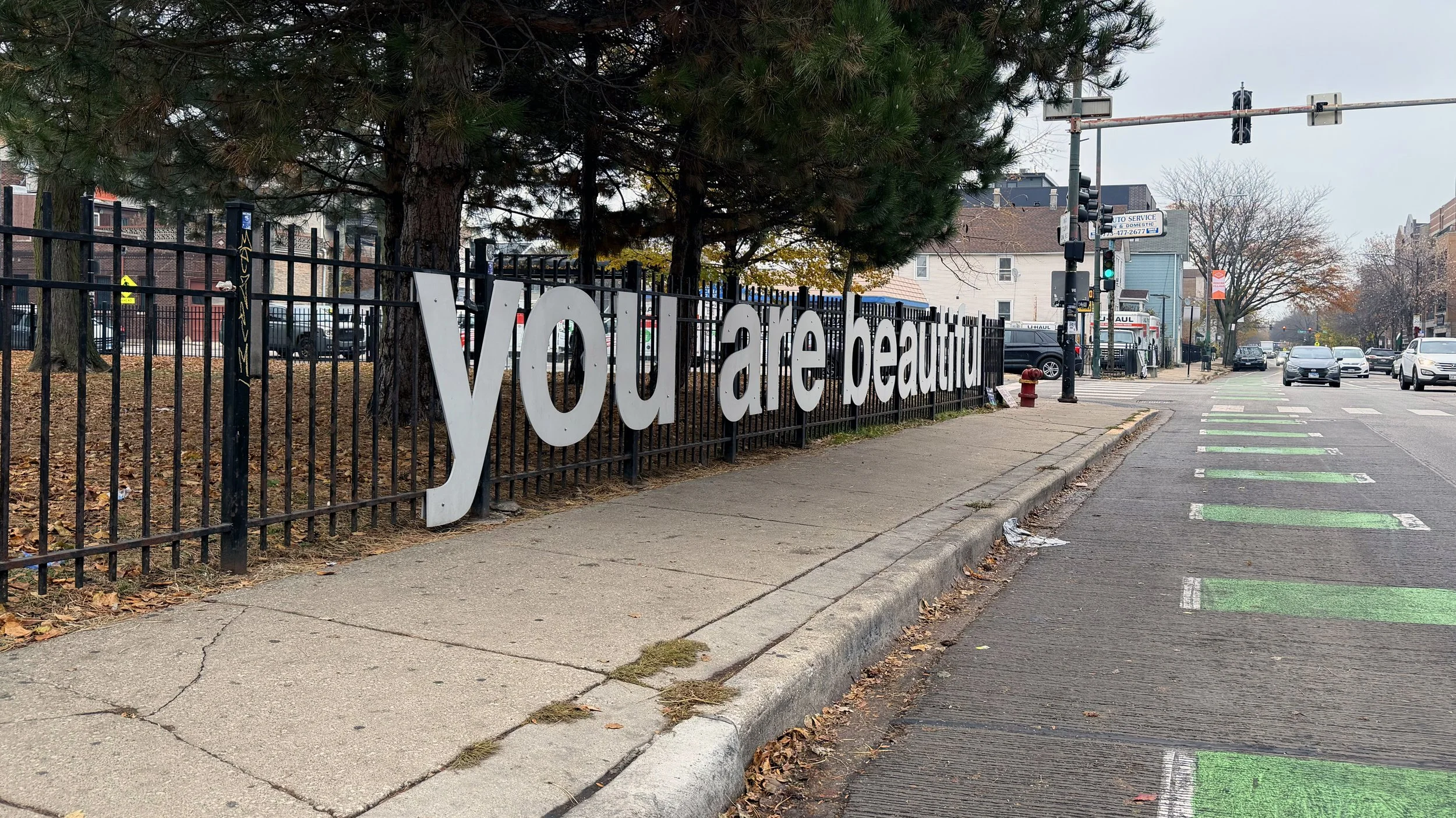 40 foot You Are Beautiful installation by Matthew Hoffman in Roscoe Village Chicago